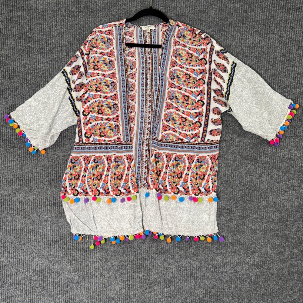 Umgee USA Womens S/M Boho Kimono Paisley‎ Pom Pom Trim Cottagecore Festival Top